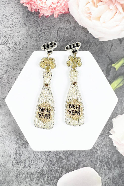 NEW YEAR LETTER CHAMPAGNGE BOTTLE SEED BEAD POST EARRING