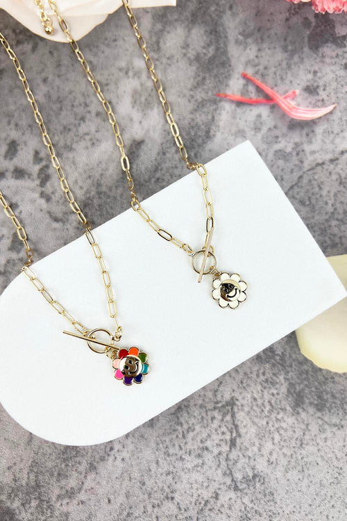 16" FLOWER SHAPED SMILEY FACE CHAIN WITH 5T-BAR CLOSURE NECKLACE