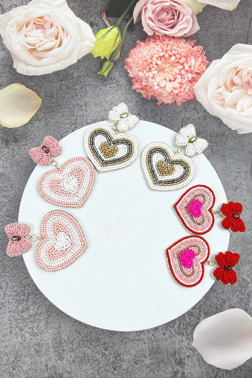 VALENTINE HEART WITH RIBBON SEED BEAD POST EARRING