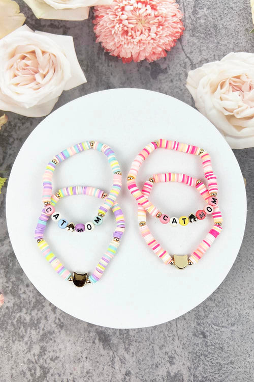 7.25 INCHES CAT MOM RUBBER BEADS BRACELET SET