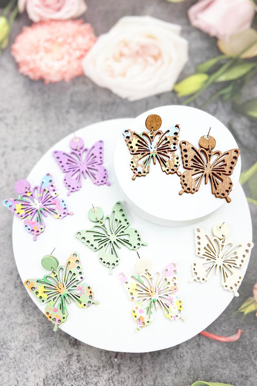 BUTTERFLY SHAPED WOOD PRINTED POST EARRING