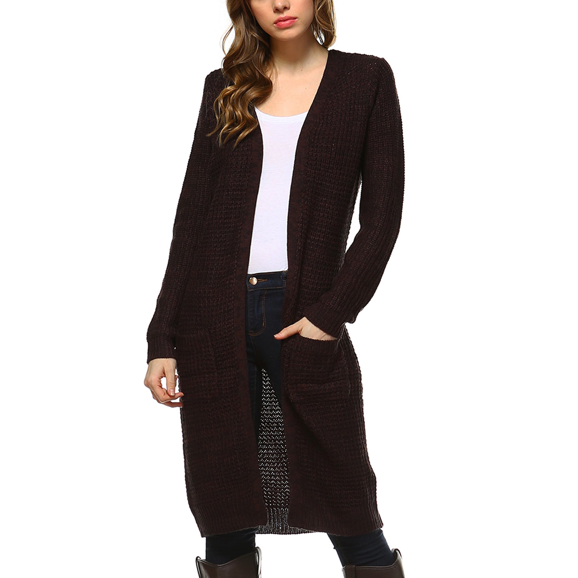 Fashionazzle Women's Casual Open Front Knit Sweater Long Cardigan with Pocket