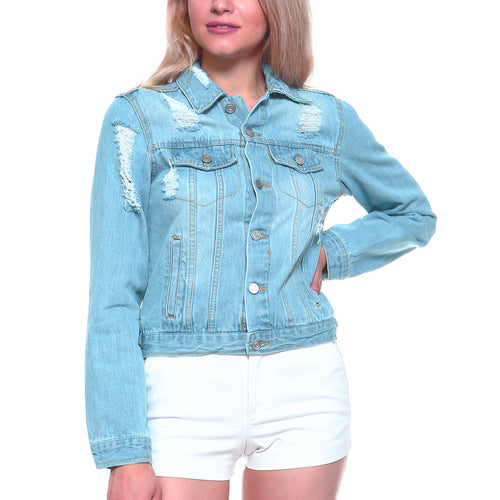 Fashionazzle Women's Buttoned Casual Frayed Denim Jacket