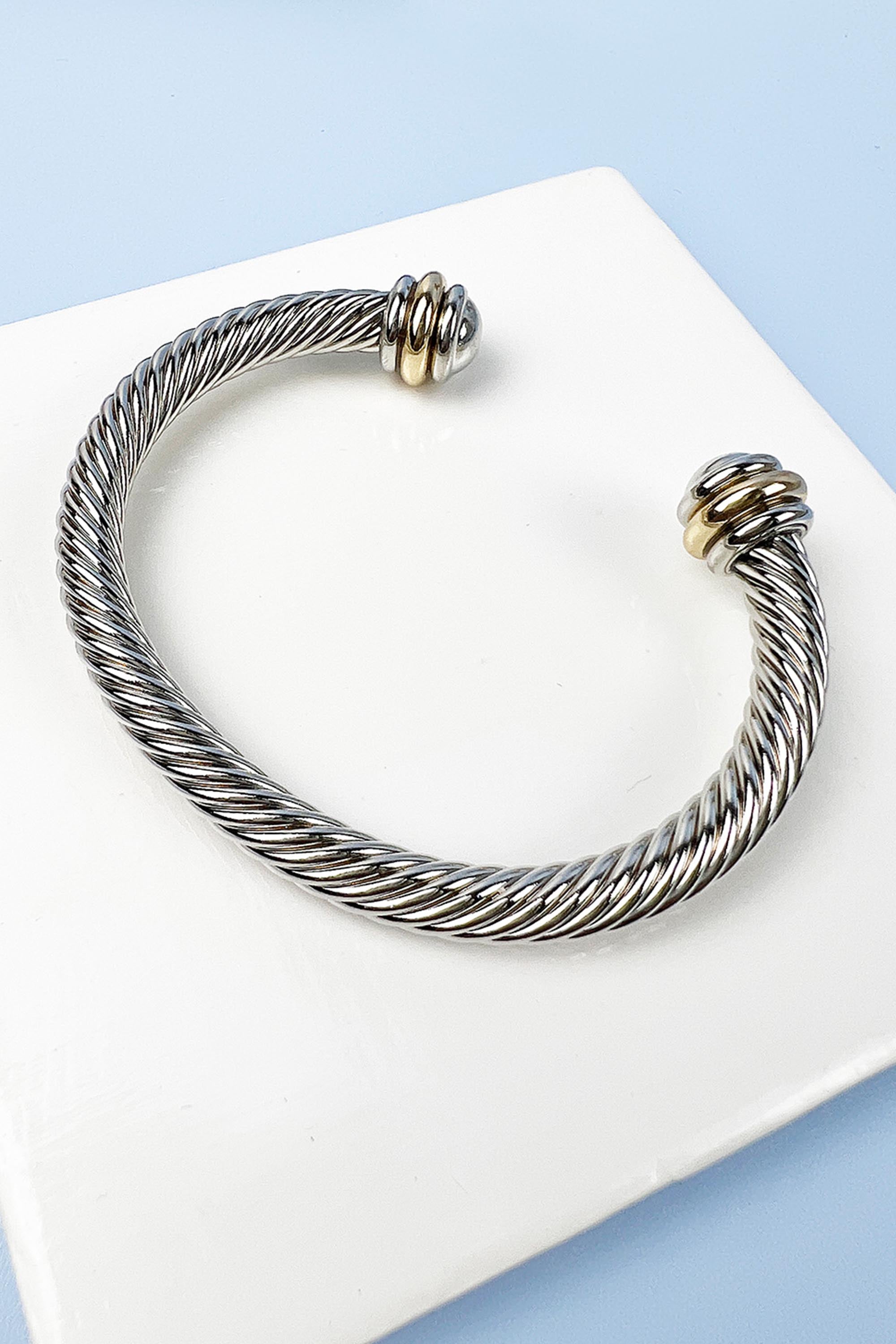 TWISTED CABLE WIRE OPEN BANGLE TWO TONE CUFF BRACELET