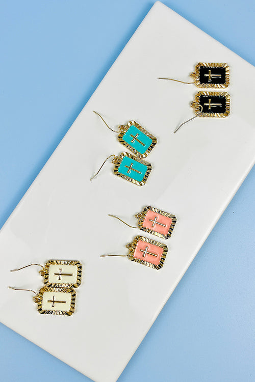 0.8 INCHES RECTANGULAR SHAPED WITH CROSS ENAMEL HOOK EARRINGS