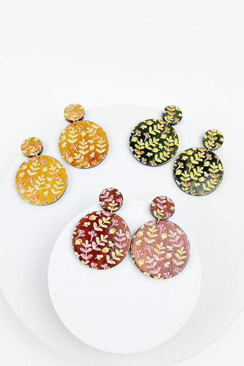 2 INCHES ROUND SHAPED LEAF PRINTED POST EARRING