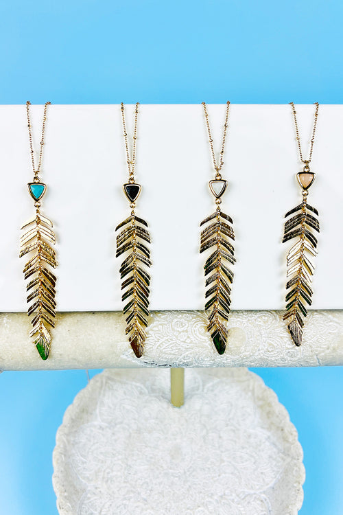 GOLD FEATHER SHAPED TRIANGLE STONE LONG NECKLACE