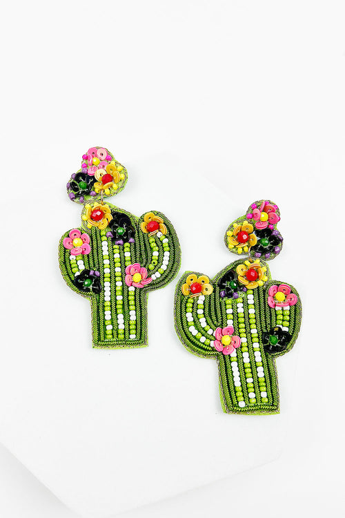 CACTUS BEADED WITH FLOWER  POST EARRING
