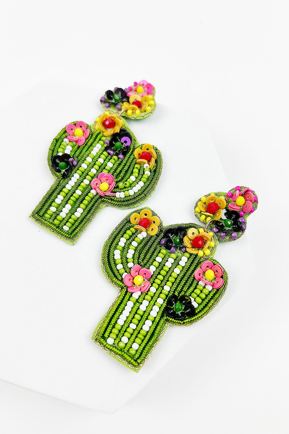 CACTUS BEADED WITH FLOWER  POST EARRING