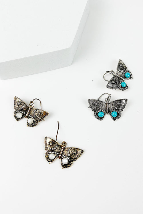 PAVED BUTTERFLY WITH STONE METAL HOOK EARRING