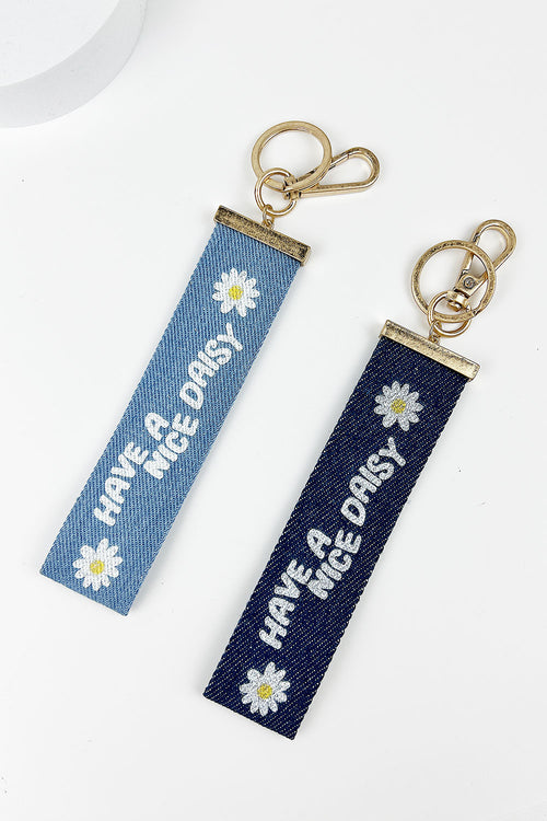 5 INCHES HAVE A NICE DAISY PRINTED DENIM KEYCHAIN