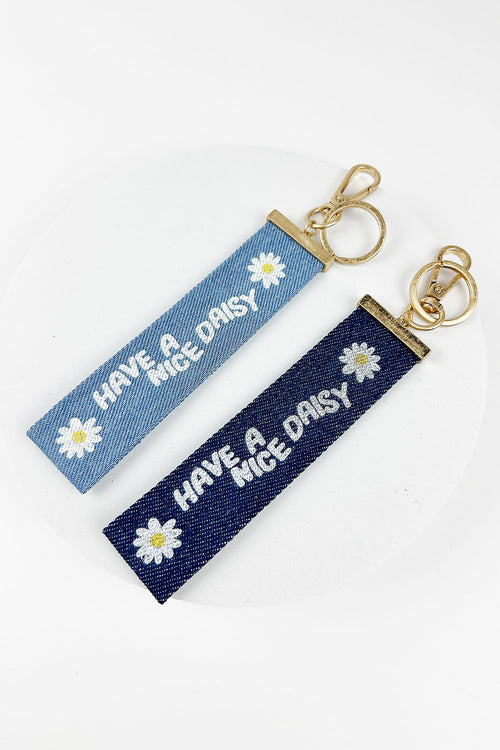 5 INCHES HAVE A NICE DAISY PRINTED DENIM KEYCHAIN