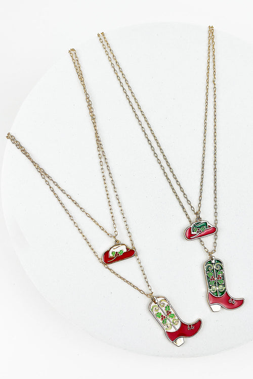 CHRISTMAS THEME PATTERNED COWBOY HAT AND BOOT ENAMEL LAYERED NECKLACE