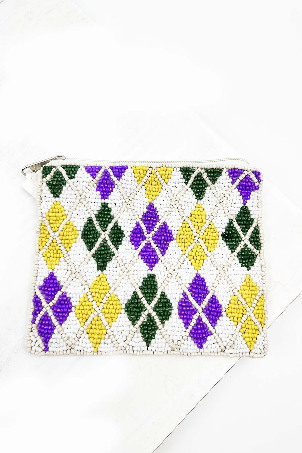MARDI GRAS SEED BEAD POUCH COSMETIC BAG