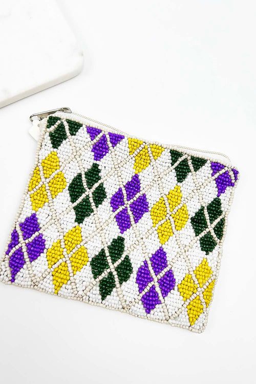 MARDI GRAS SEED BEAD POUCH COSMETIC BAG
