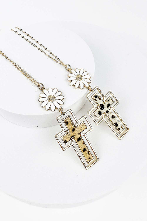FLOWER AND CROSS LEATHER NECKLACE