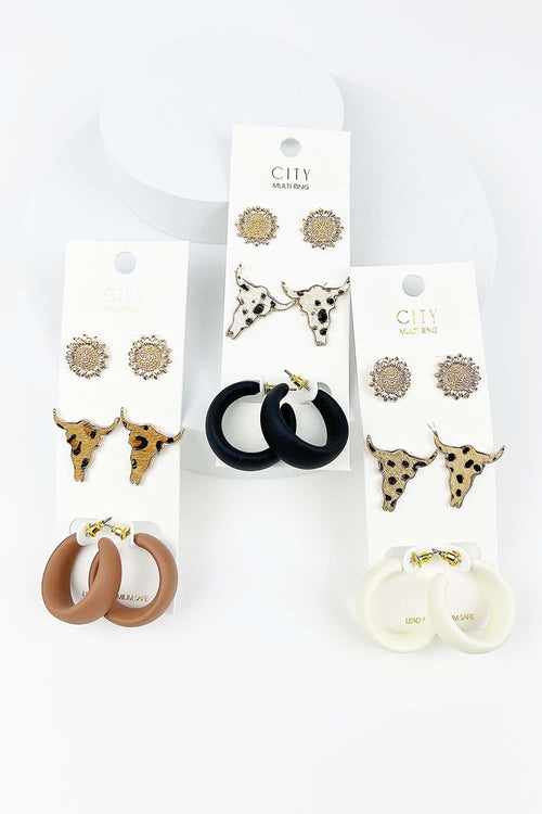 3 PAIRS COW HEAD LEATHER MULTI EARRING SET