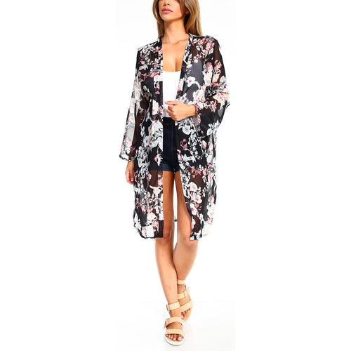 Fashionazzle Women's Chiffon Floral Printed Cardigan Open Front Chiffon Cover-Up