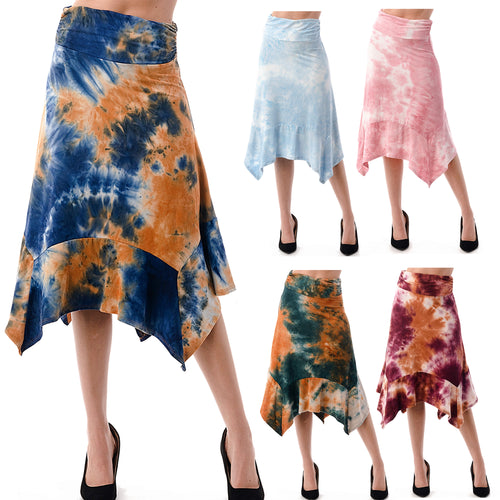 Fashionazzle Women's Flowy Handkerchief Hemline Midi Skirt Tie dye Print
