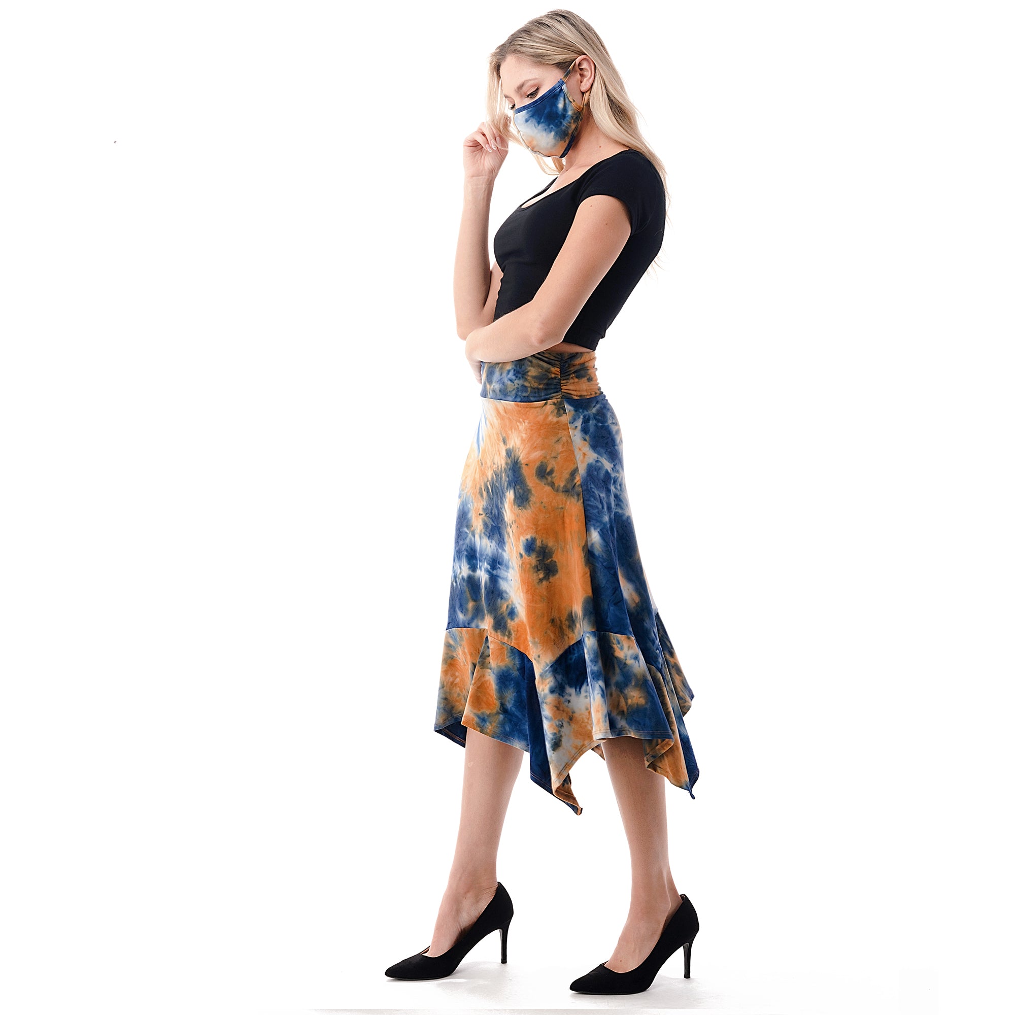 Fashionazzle Women's Flowy Handkerchief Hemline Midi Skirt Tie dye Print