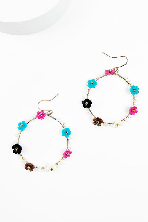 GLASS BEAD WITH FLOWER ROUND HOOK EARRING