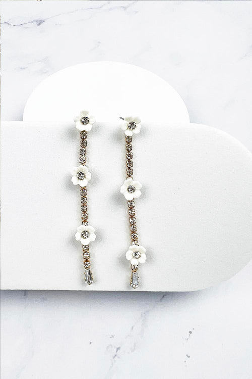 WHITE FLOWER WITH STONE CHAIN DROP POST EARRING