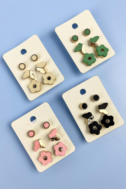 3 SET OF WOODEN AND METAL SPRING STYLE STUD EARRINGS
