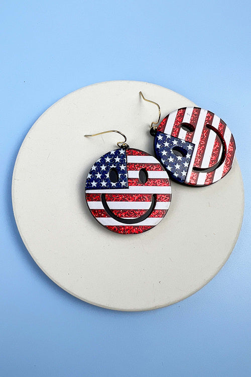 SMILEY FACE USA FLAG ROUND ACRYLIC DANGLING HOOK EARRINGS