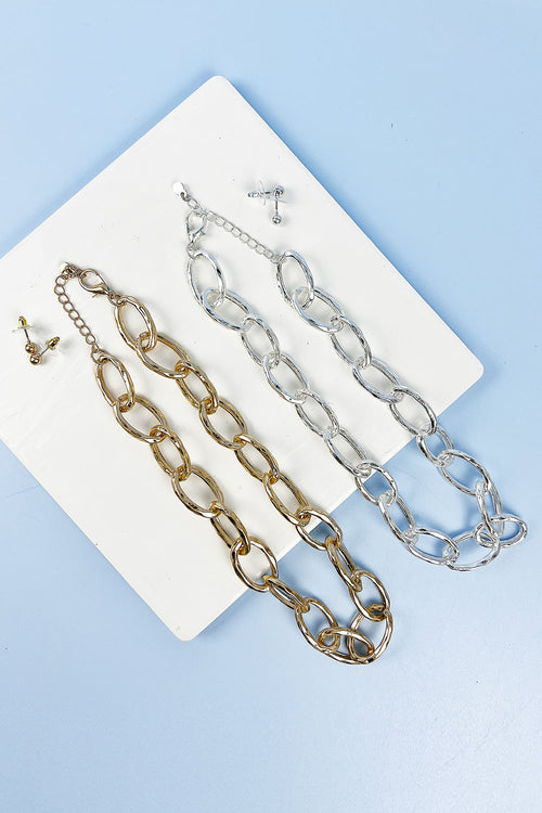 16 INCHES SYMMETRIC CHUNKY CHAIN NECKLACE AND EARRING SET