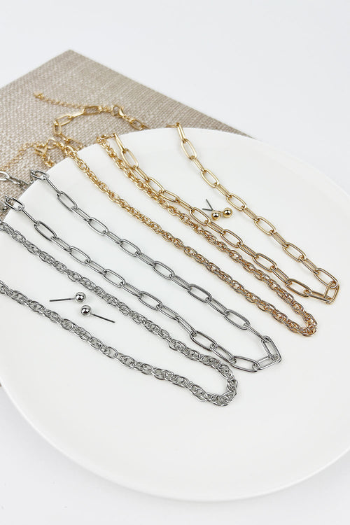 2 LAYERED PAPER CLIP CHAIN NECKLACE AND EARRING SET