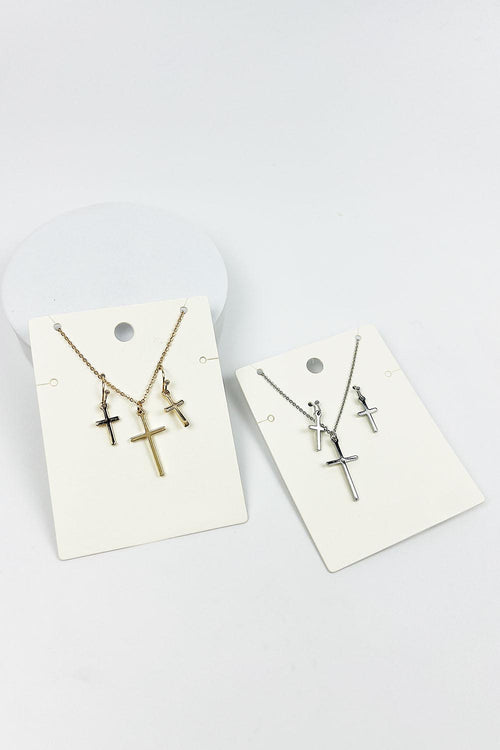 BRASS CROSS CHARM NECKLACE WITH EARRING SET