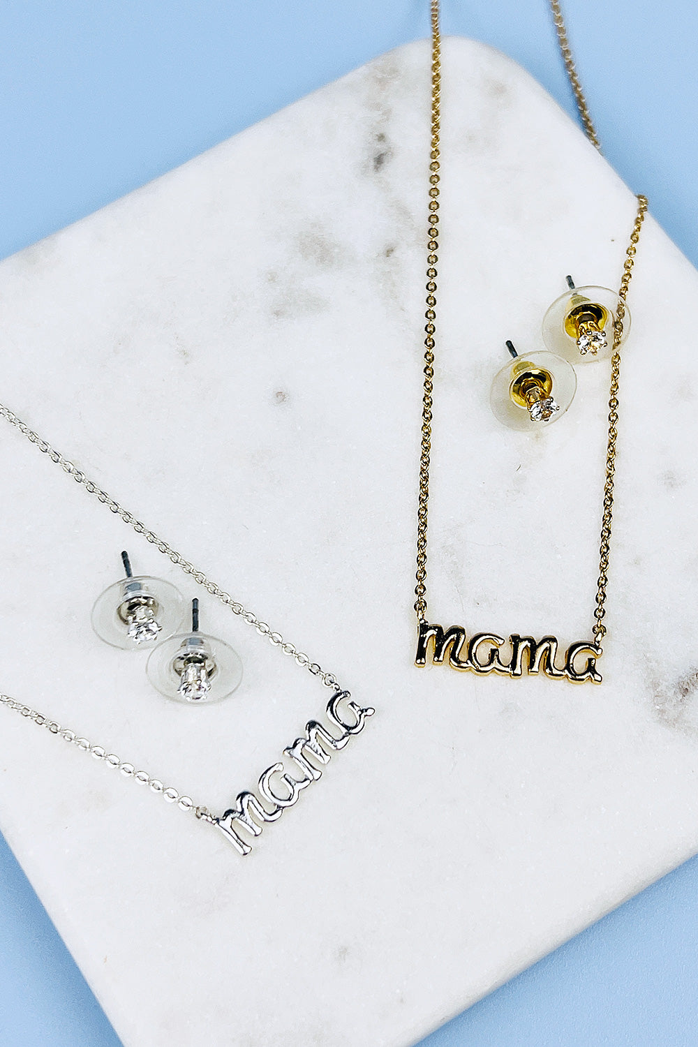 CUBIC ZIRCONIA 16 IN MAMA BRASS NECKLACE AND EARRING SET