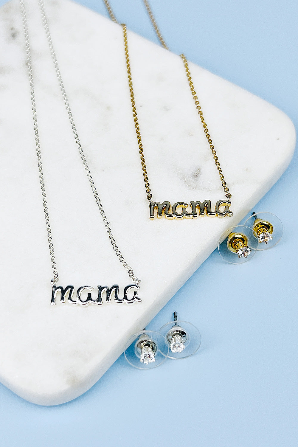 CUBIC ZIRCONIA 16 IN MAMA BRASS NECKLACE AND EARRING SET