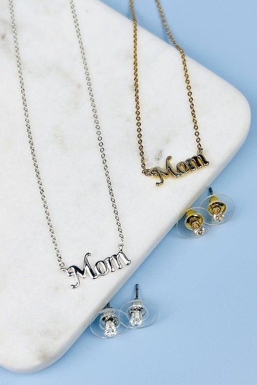 CUBIC ZIRCONIA 16 IN MOM BRASS NECKLACE AND EARRING SET