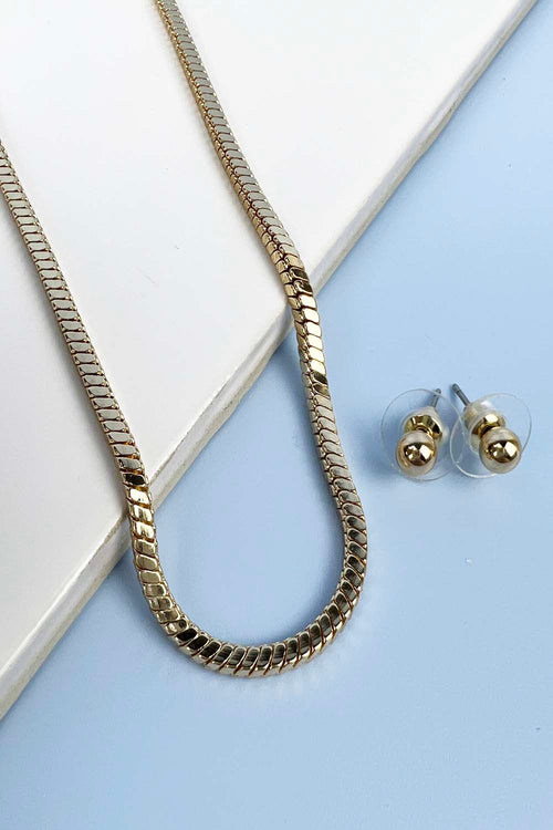 16 INCHES SQUARE BRASS SNAKE CHAIN NECKLACE AND EARRING SET