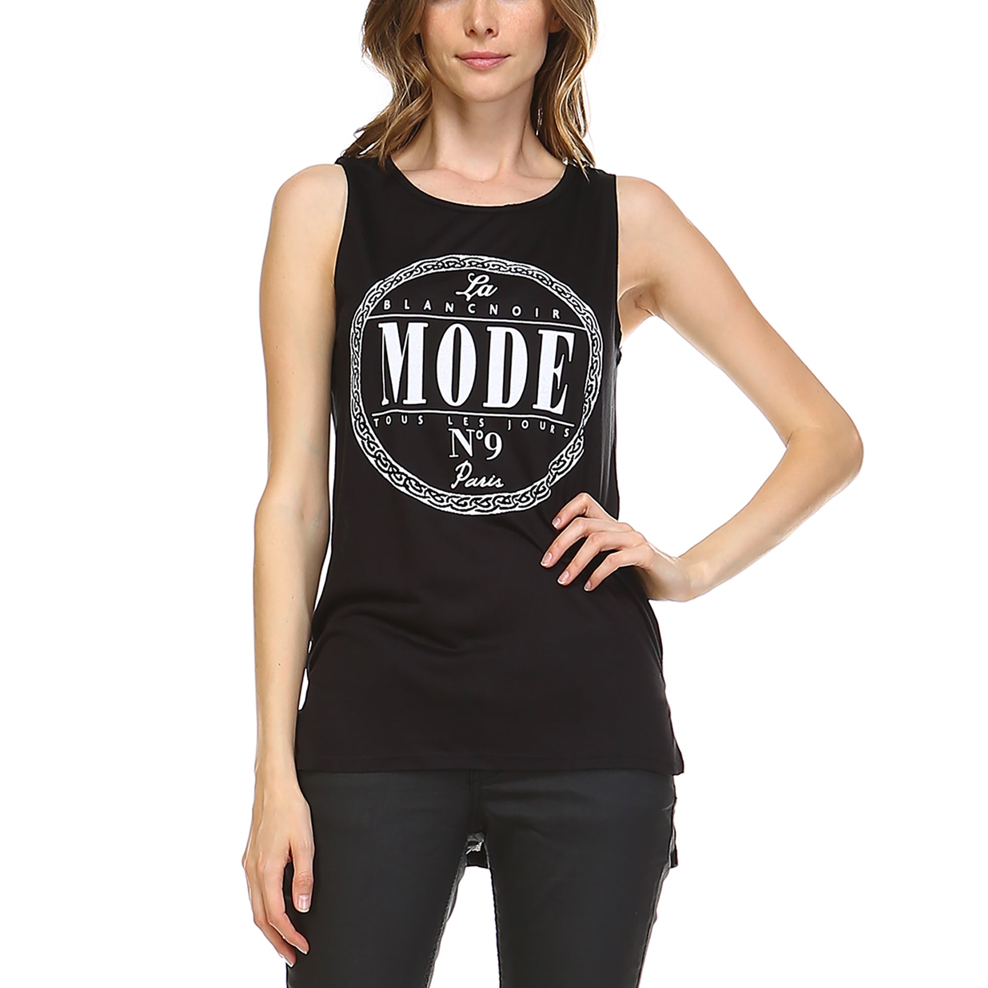 Fashionazzle Women's Sleeveless Round Neck Letters Print High Low Top